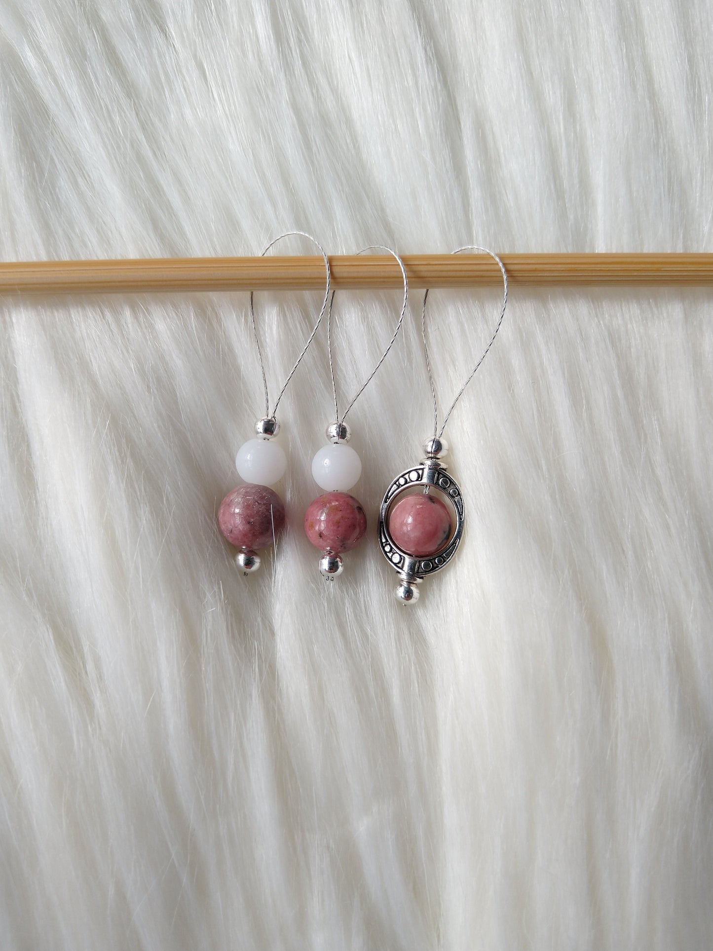 Stitch Markers - framed pink stones, set of 3